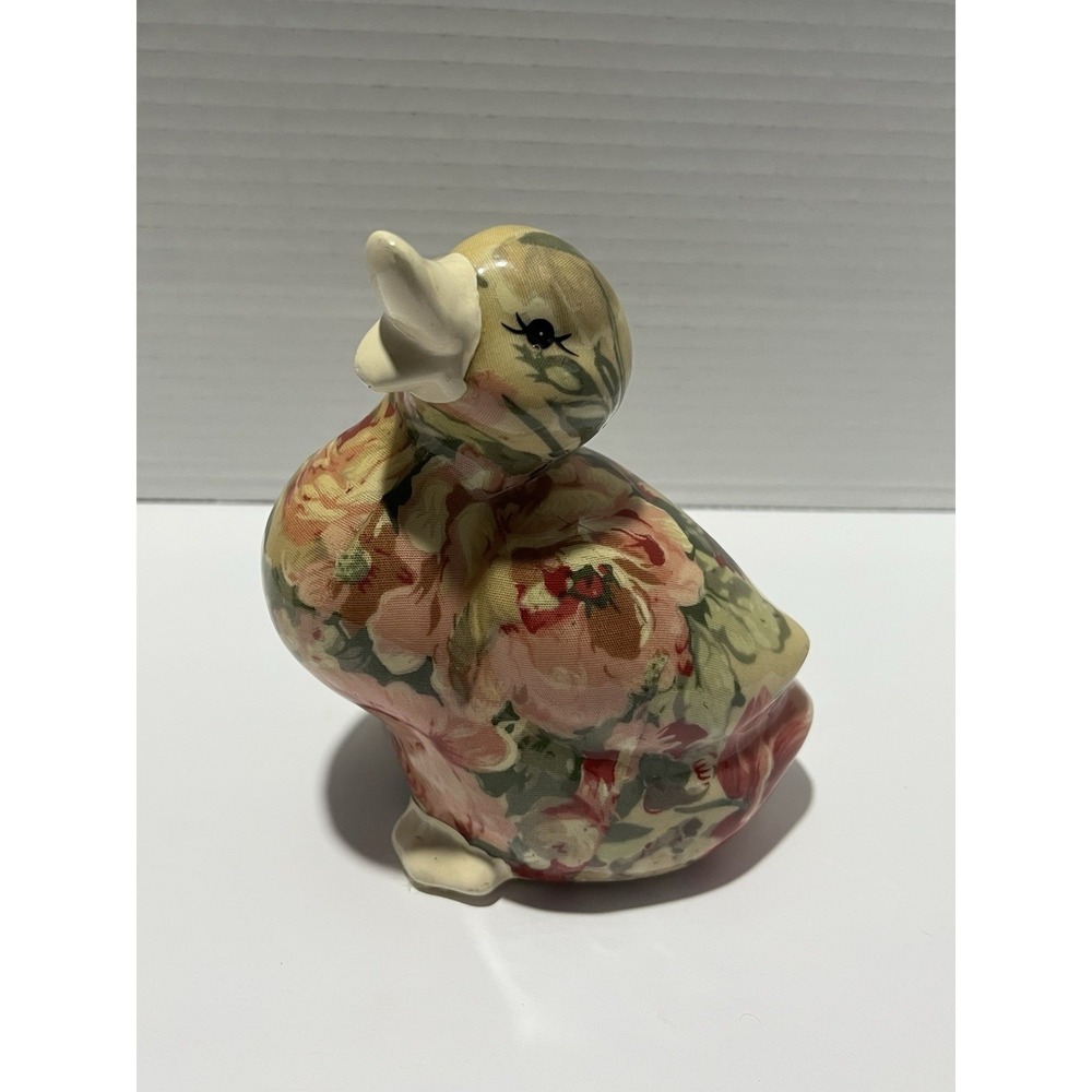 VTG Duck Figurine Floral Porcelain Rose Print Découpage Cottage Chic
